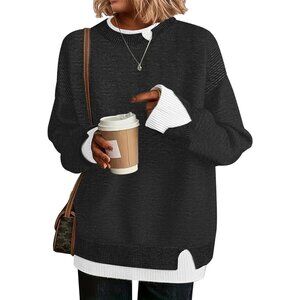 Women's Pure Black Cowgirl Chic Knit Cozy Outfit Long Sleeve Pullover Sweater